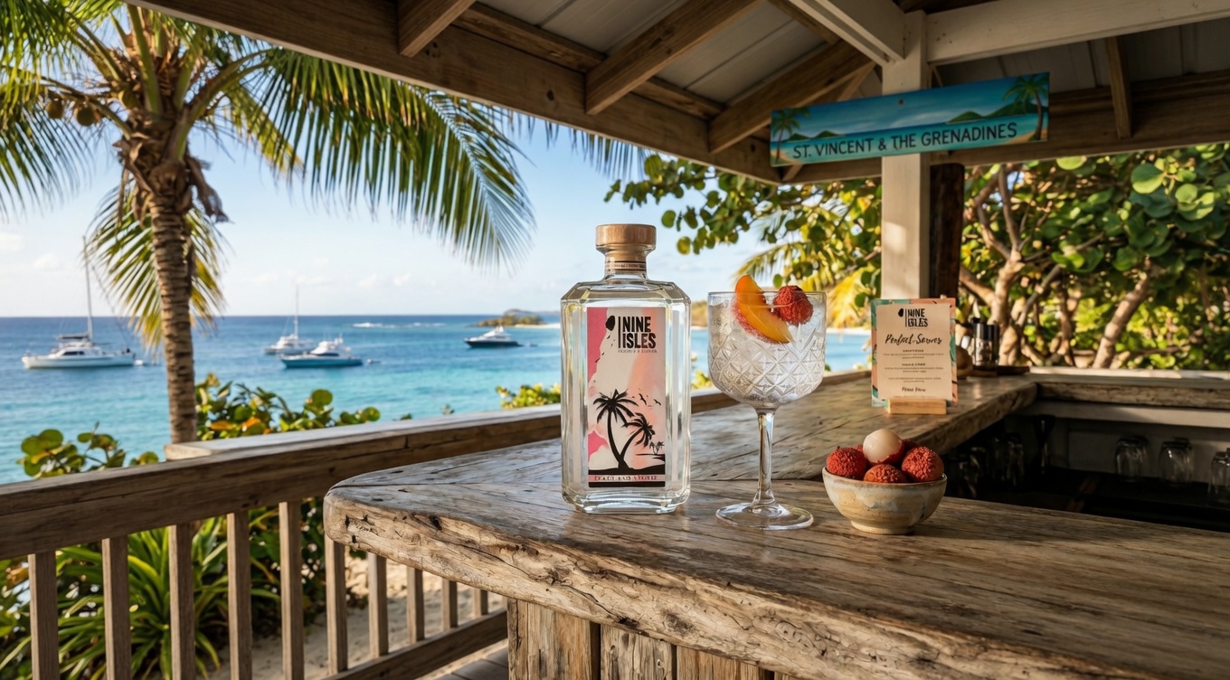 Nine Isles gin served on a Caribbean beach bar overlooking St Vincent & the Grenadines