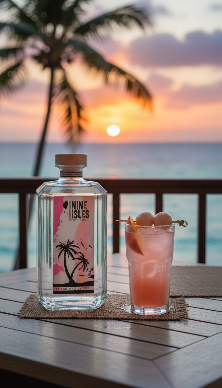 Nine Isles Peach & Lychee gin with a pink serve at sunset by the sea