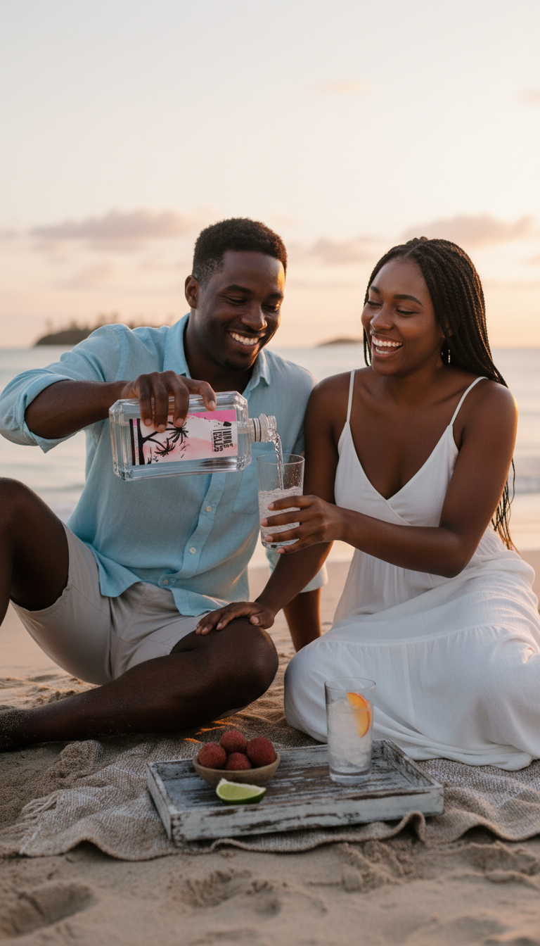 Two people pouring and serving Nine Isles gin on a Caribbean beach at sunset
