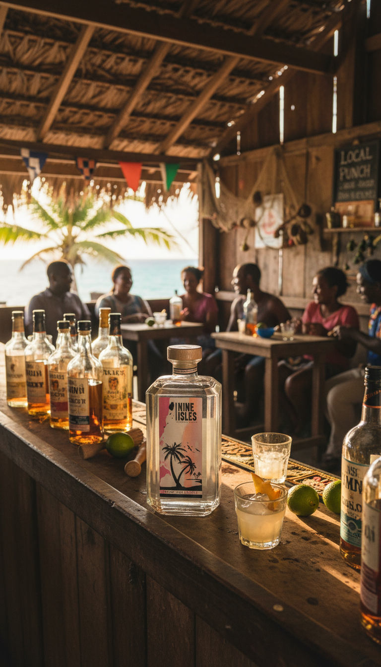 Nine Isles gin bottle on a rustic Caribbean bar with cocktails and island atmosphere
